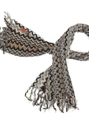 MISSONI FOULARD Gray Brown Italy Chevron Zig Zag Pattern Fringe Scarf /787